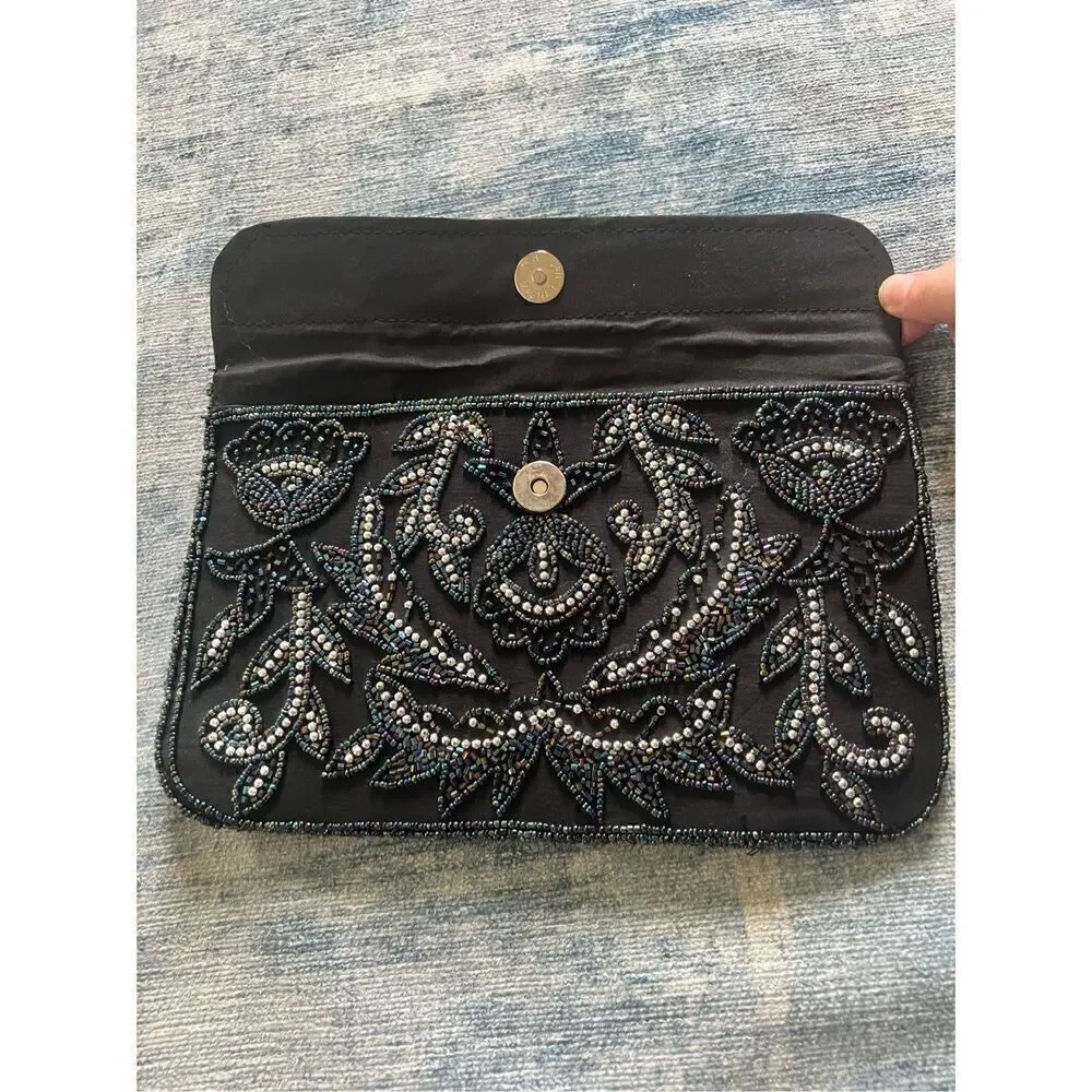 Black Silver Iridescent Floral Beaded Fold Over Magnetic Closure Clutch Bag